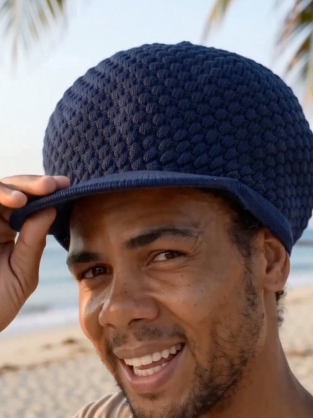 Rasta Dreadlock Peak Cap XL Cotton Knit Visor Hat for Locs - Navy Blue - New